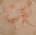 Head of a Man Wearing a Helmet, Looking to Upper Left (recto); Two Sketches, Arms and Hands (verso), Francesco di Maria (Italian, Naples 1623–1690 Naples), Red chalk, highlighted with a little white (recto); black chalk studies of arms (verso)